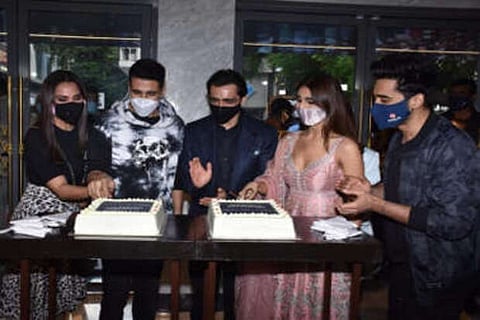 Source: IANS; The crew of "Bell Bottom" film were seen celebrating during the trailer launch at Capital