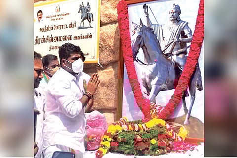 BJP state president K Annamalai paying respects to freedom fighter Dheeran Chinnamalai in Salem
