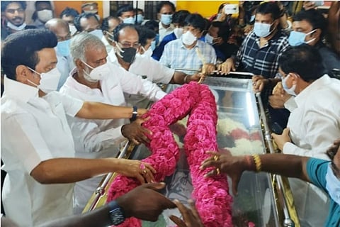 Source: Twitter (MK Stalin) Chief Minister MK Stalin paid his last respects to Madhusudhanan