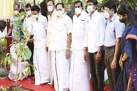 Stalin waters a sapling on Saturday