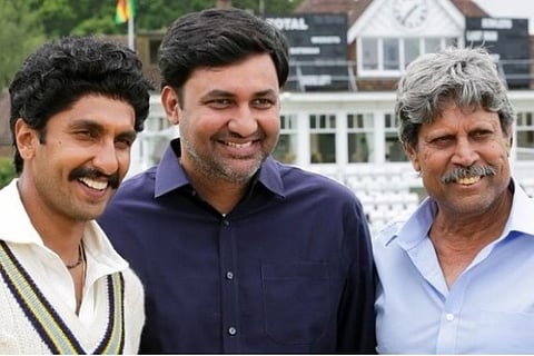 Source: Twitter; Producer Vishnu vardhan with Kapil Dev and Ranveer Singh
