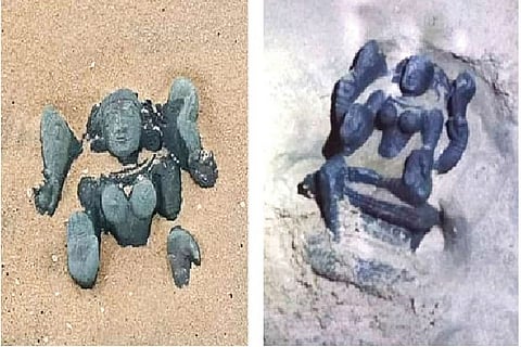 The two stone idols that were recovered from the sands of Panaiyur Beach