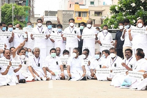 Source: Twitter; AIADMK MLAs staged dharna outside the Kalaivanar Arangam building