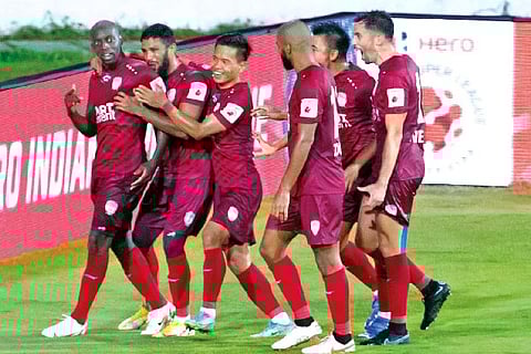 NorthEast United FC players celebrate after netting the winning goal against FC Goa.