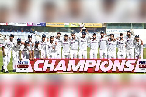 he victorious India team poses with trophy after clinching the New Zealand Test series 1-0 in Mumbai