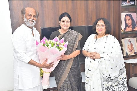 Former AIADMK leader VK Sasikala met with actor Rajinikanth and his wife Latha at his residence