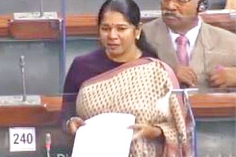 DMK MP Kanimozhi speaking in the Lok Sabha.