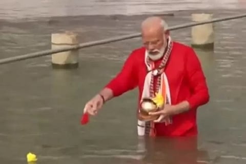 Prime Minister Narendra Modi taking holy dip in Ganga river