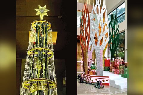 (right) Xmas tree made of scrap wood; (left) tree made with recycled pipes and tyres