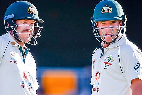 Task at hand: Warner and Labuschagne providing a reprieval to the Aussies. Image: Twitter - @ICC