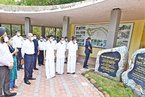 Stalin inspecting the ongoing renovation works at Tholkappiyar Poonga on the banks of Adyar river