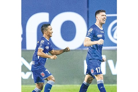 Mirlan Murzaev (right) celebrates after scoring a stunning goal against Odisha FC in an ISL match