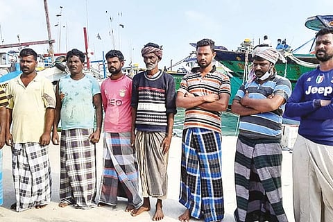Fishermen, who were arrested by Sri Lankan Navy being taken to Myliddy coast on Sunday