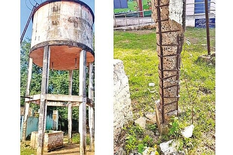The dilapidated water tank inside a school in Injambakkam