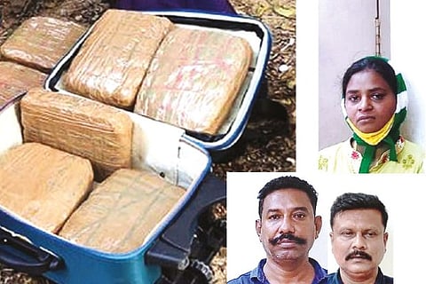 (Top) Punitha; Veerannan and Kadhir (left); 26 kg of ganja seized from the accused