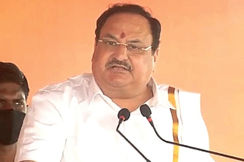 BJP national president JP Nadda addressing a rally in Puducherry on Sunday.