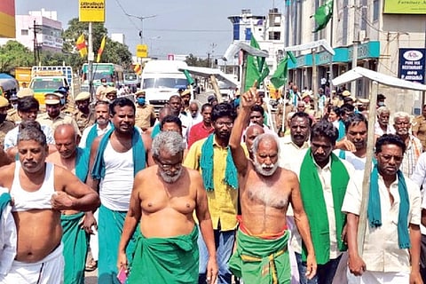 Farmers in Tiruchy staging a protest on Saturday