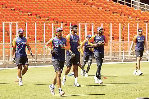 Indian team during a training session on Sunday at Motera