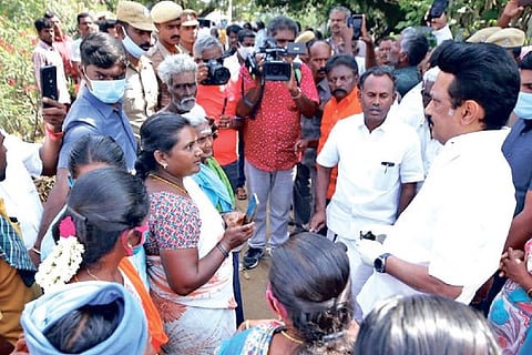 DMK president MK Stalin interacting with workers in Erode on Monday