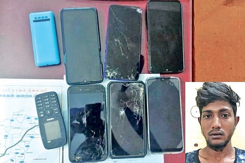 Eight phones and a knife seized from the accused, Suriya