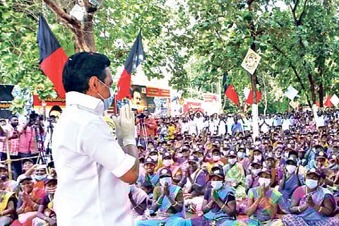 DMK president MK Stalin addressing a People Gram Sabha meeting