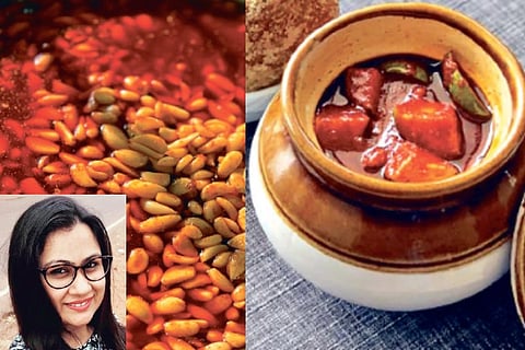 Fried garlic avakai (left); Bellam mango avakai