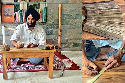 Jashwant Singh engraving Thirukkural on palm leaves