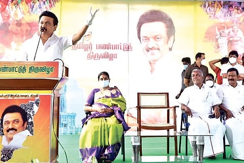 DMK president and Leader of Opposition MK Stalin addressing a Pongal programme in Tiruvallur