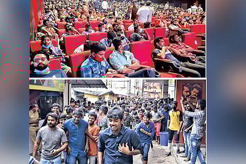 Vetri cinema hall with packed audience (top); Moviegoers sans masks, no social distancing in Madurai