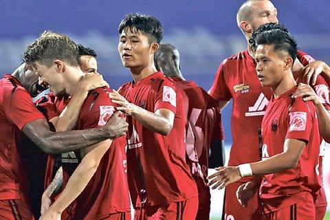 NorthEast United players celebrate their win over ATK Mohun Bagan in ISL.