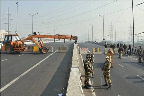 Source: PTI; Barricades have been put up in key routes connecting Delhi and Haryana