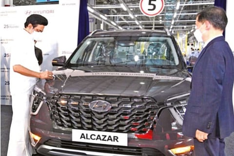 Chief Minister MK Stalin signing the 10 millionth car roll-out at Hyundai?s factory in Sriperumbudur