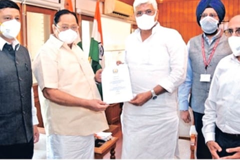 Water Resources Minister Duraimurugan handing over a detailed letter on water issues to Union Jal Sh