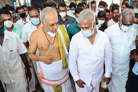 HRCE Minister PK Sekar Babu inspects the Siruvapuri Murugan Temple in Tiruvallur district on Monday