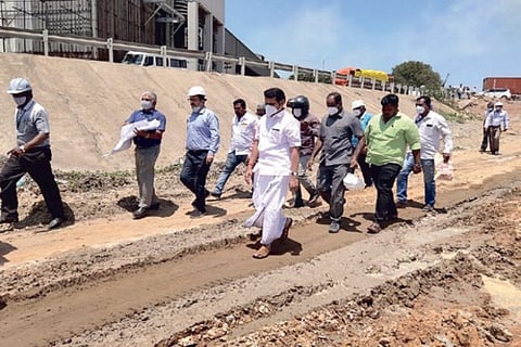 Senthilbalaji inspecting the ongoing coal conveyor construction work for the Ennore Power Project