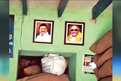 Pictures of Chief Minister MK Stalin and former CM M Karunanidhi displayed at a shop run by Karpagam