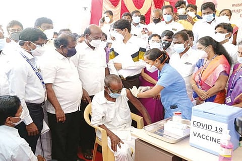 Health and Family Welfare Minister M Subramanian inspecting COVID vaccination camp