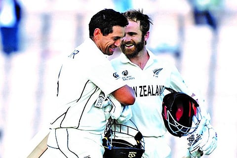 New Zealand?s Ross Taylor and Kane Williamson celebrate their team?s win over India in the WTC final
