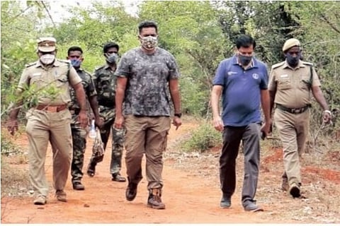 Officials of the Forest Department trying to find elephant Baahubali in the forest cover on Sunday