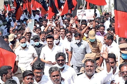 DMK president MK Stalin on his way to seek nomination in the party from Kolathur constituency