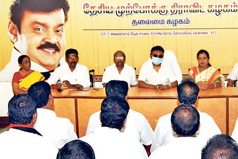 DMDK chief Vijayakant at the district secretaries meet.