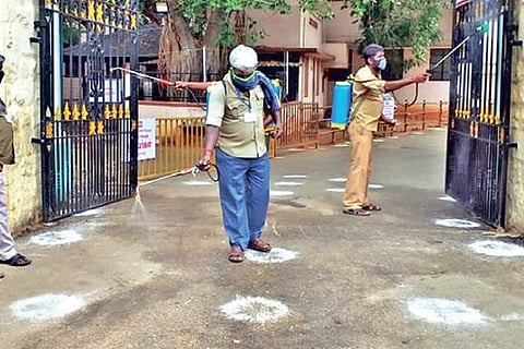One of the counting centres in Tiruchy being sanitised