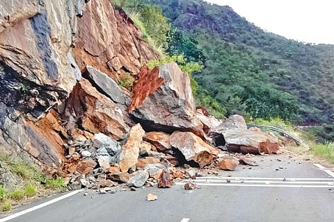 The large boulders blocking Bodi Mettu Ghat Road in Theni on Monday