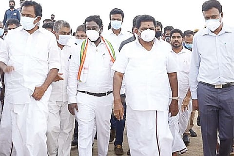 Fisheries Minister Anitha R Radhakrishnan and officials inspect rain-hit areas in Kanniyakumari.