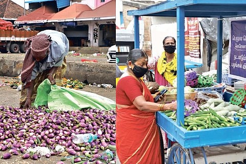 A woman collecting vegetables from the waste dumped at market; residents buying vegetables from Corp