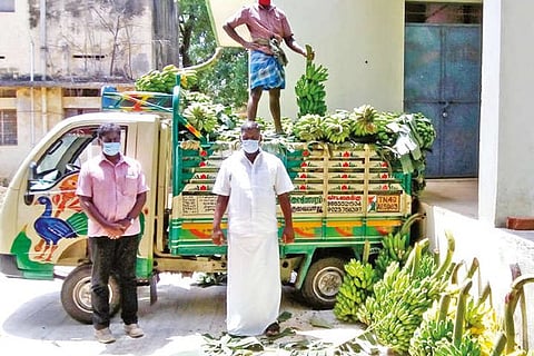Mathiazhagan with his banana harvest which he gifted for the benefit of COVID patients