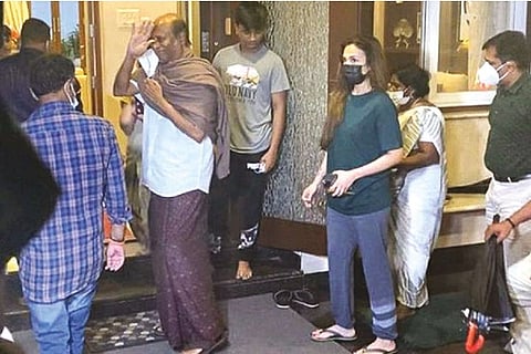 Superstar Rajinikanth greets fans after being discharged from Kauvery Hospital in Chennai on Sunday
