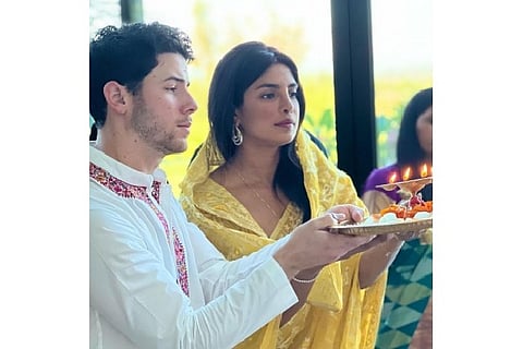 Indian actress Priyanka Chopra and her American pop-star husband Nick Jonas (Image Courtesy: IANS)