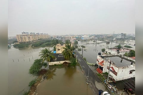 An aerial view of flood affected areas in Saibaba Nagar at Pallikaranai (Photo: Manivasagan)