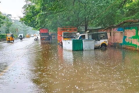 A view of waterlogged Anna Main Road-Jawaharlal Nehru Road Junction